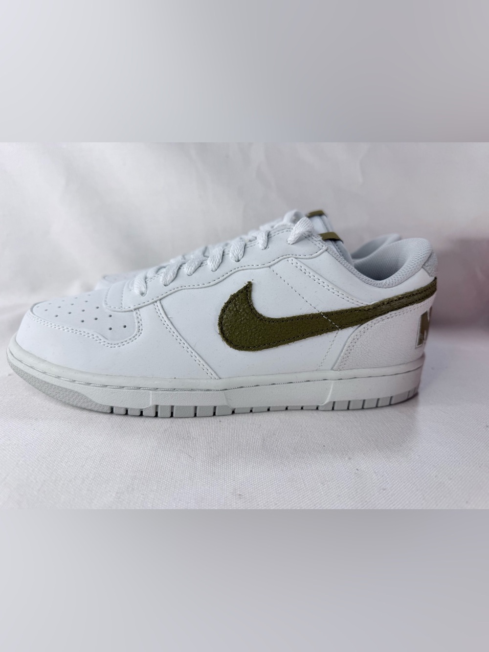 Big Nike Low Lux White Low-Top Sneaker with Olive Green Swoosh Unisex